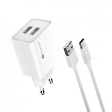 Sturdo sieťová nabíjačka 2,1A 2xUSB + Type-C kábel, Biely